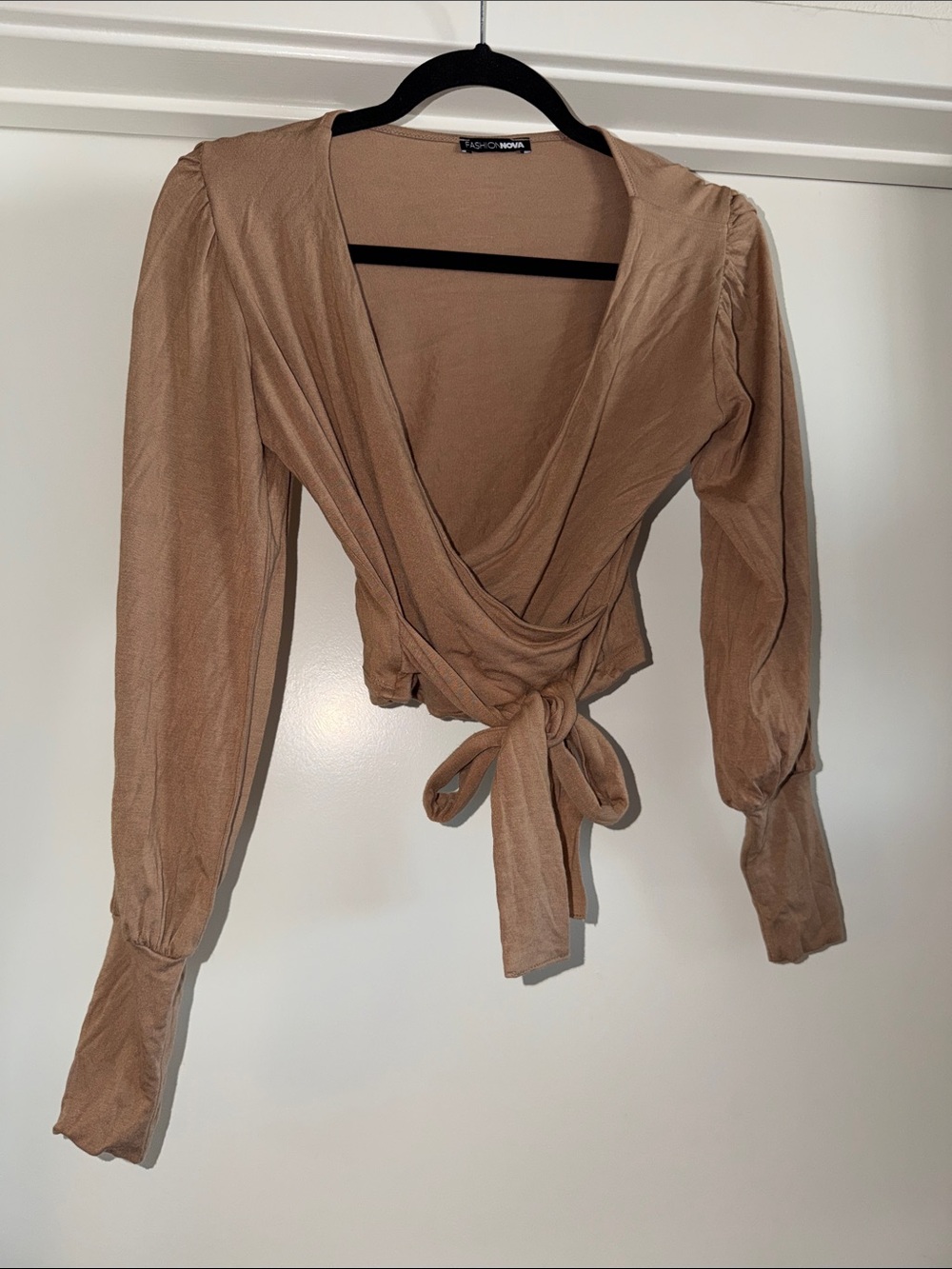 Fashion Nova Taupe Wrap Tie Long Sleeve Crop Top